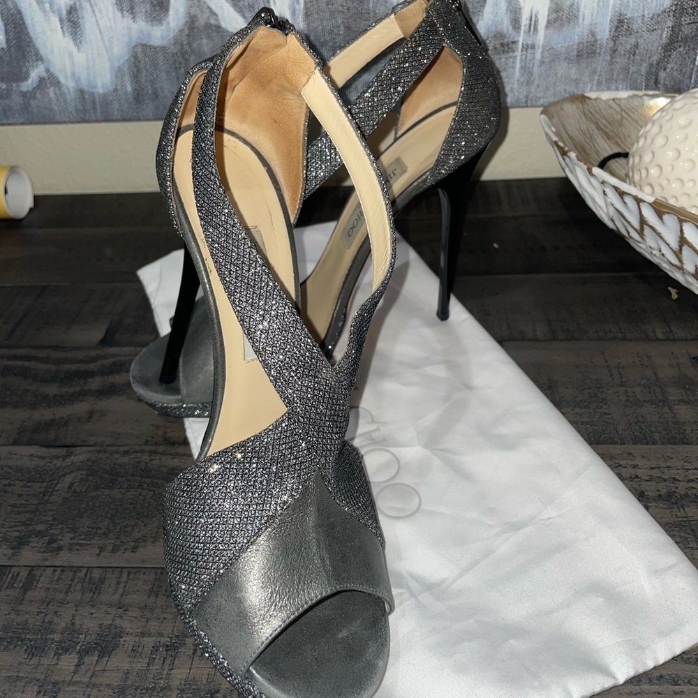 Jimmy Choo Anthracite Glitter & Leather Lame Crisscross Platform Sandals SZ 10 - Picture 2 of 9
